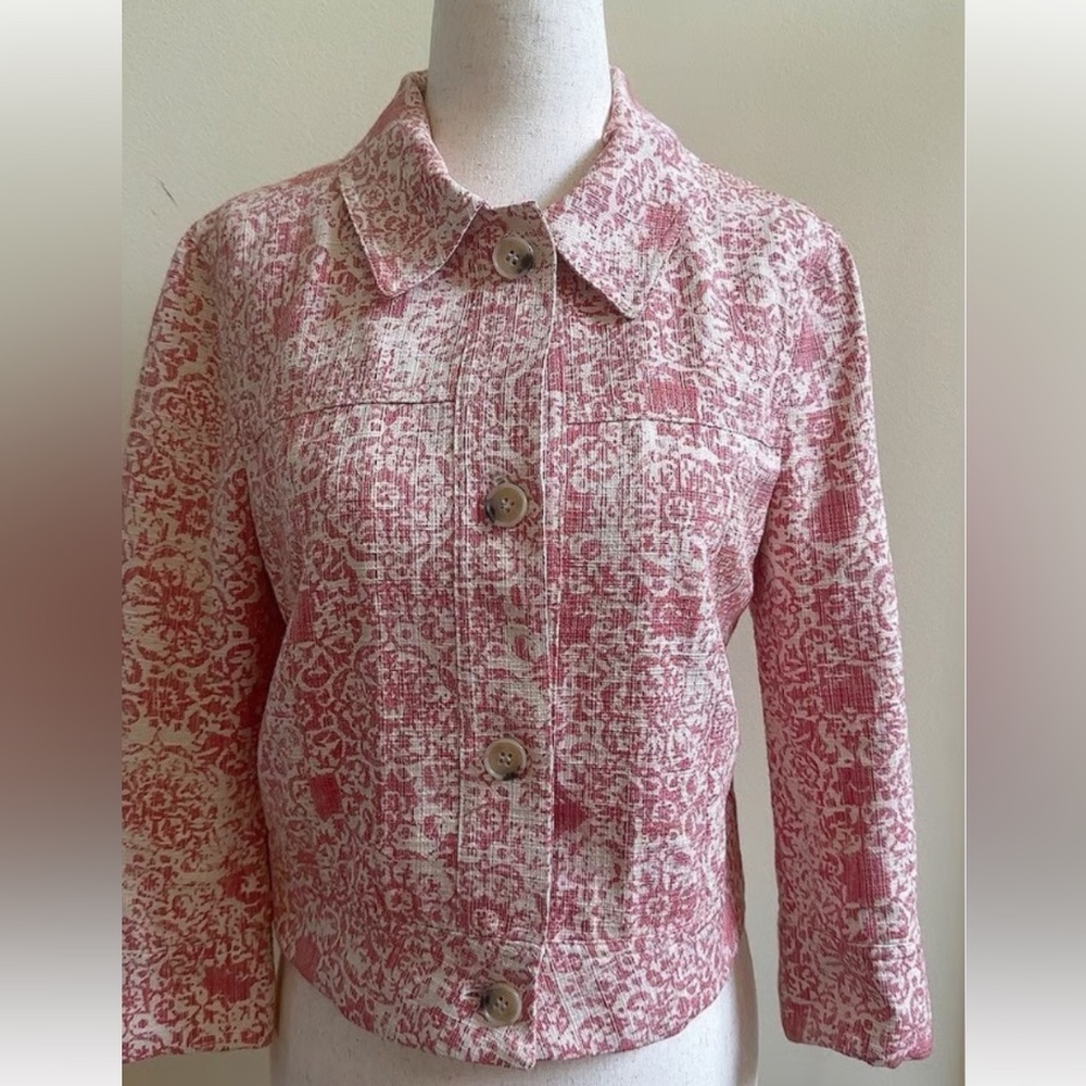 Theory Cropped Red and Ivory Print Jacket